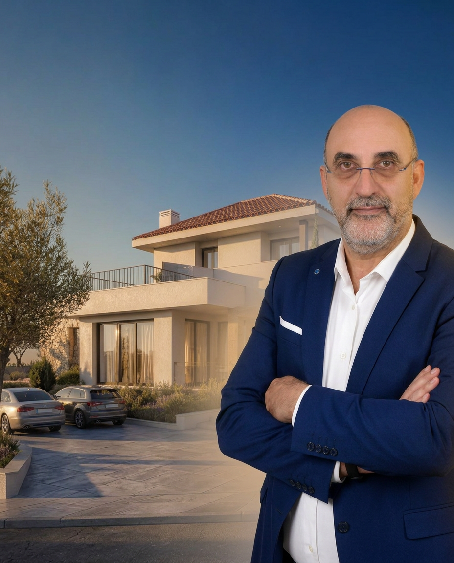 Ο Δημήτρης Θεοχάρους, ασφαλιστικός πράκτορας, δίπλα σε προστατευμένο σπίτι και αυτοκίνητο